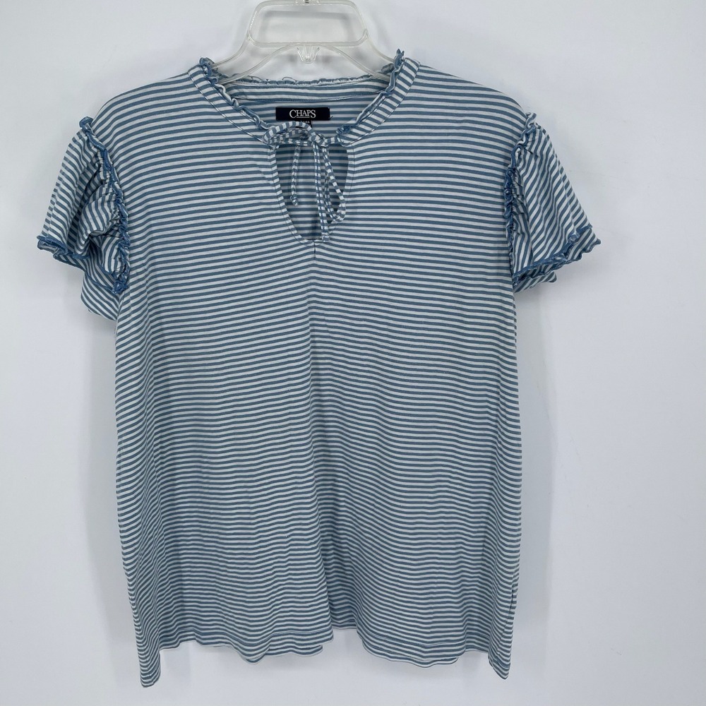 Chaps Women's Blue Striped Ruffle Sleeve Keyhole Tie Knit Top Blouse Size XL